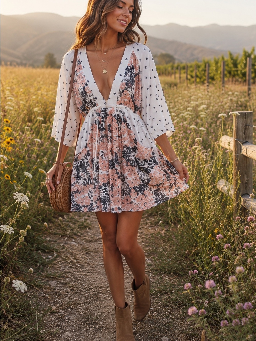 Free People Tallula Mixed Print Mini Dress Boho Peasant Tunic Pockets M